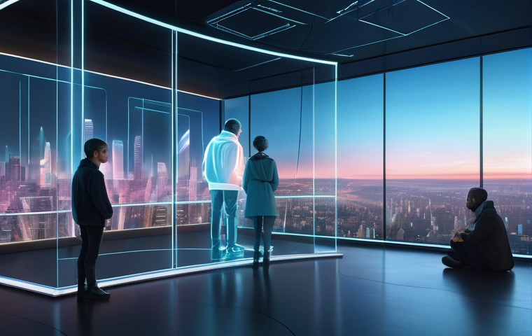 전자기파와 통신 - **6G Holographic Communication:**
    "A diverse group of people, including adults and a young child...