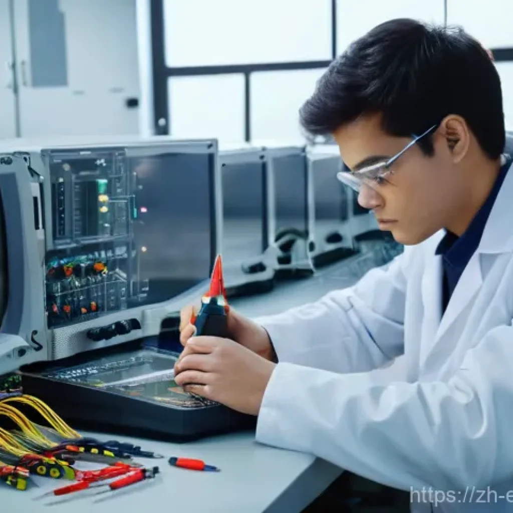 전기 및 전자 시험 장비 - A focused young engineer, wearing a clean, professional lab coat, is meticulously working at an orga...
