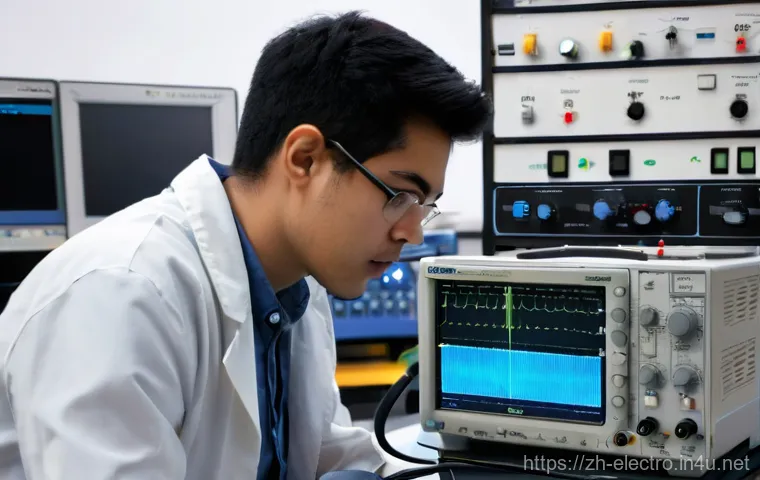 전기회로 실험실 기기 사용법 - 5 kΩ'). In the slightly blurred background, other professional-grade lab equipment such as a power s...