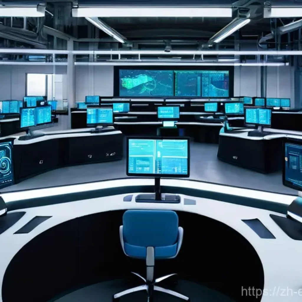 디지털 제어 시스템 - **Prompt:** A highly advanced, clean, and brightly lit smart factory interior. Robotic arms with glo...