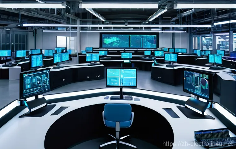 디지털 제어 시스템 - **Prompt:** A highly advanced, clean, and brightly lit smart factory interior. Robotic arms with glo...