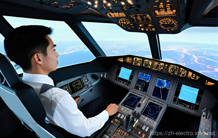 전기공학의 항공 산업 응용 - **Prompt:** A sleek, modern aircraft glass cockpit, bathed in the soft glow of multiple high-definit...