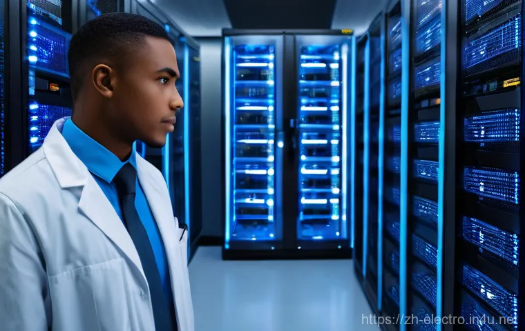 전력 시스템의 무정전 설계 - **Prompt:** A highly advanced, pristine data center server room, showcasing an "Online Double Conver...