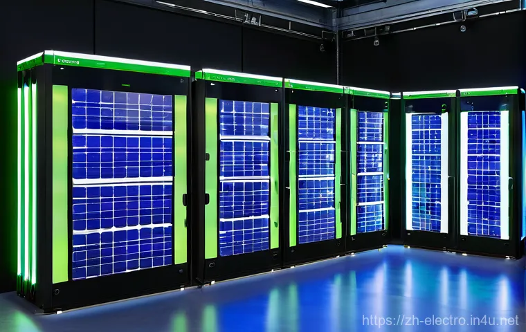 전력 시스템의 무정전 설계 - **Prompt:** A highly advanced, pristine data center server room, showcasing an "Online Double Conver...