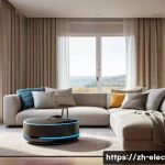 자동 제어 시스템 개론 - **Prompt:** A cozy and inviting modern living room showcasing seamless smart home integration. Soft,...