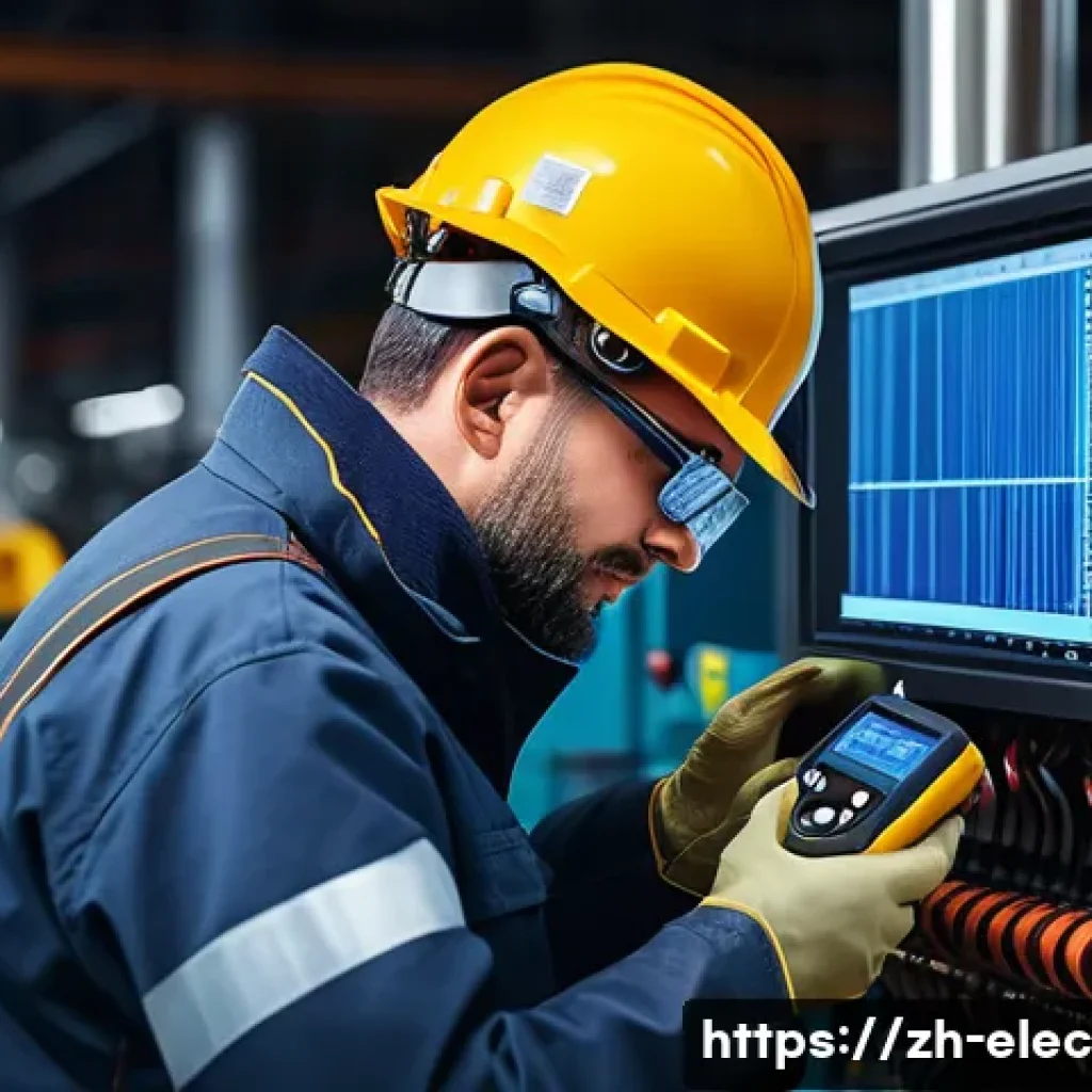 전기기기 보호 및 안전 - A detailed industrial electrical maintenance scene inside a modern factory workshop, showing an engi...