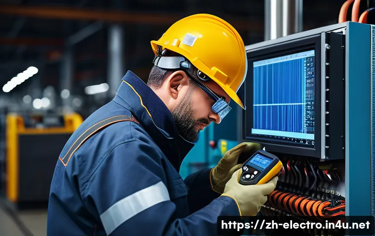 전기기기 보호 및 안전 - A detailed industrial electrical maintenance scene inside a modern factory workshop, showing an engi...