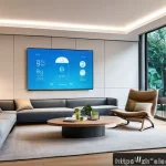 전기 기기 기초 - A modern smart home living room scene showcasing a variety of intelligent electrical devices connect...
