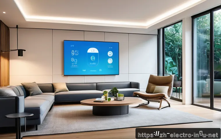 전기 기기 기초 - A modern smart home living room scene showcasing a variety of intelligent electrical devices connect...
