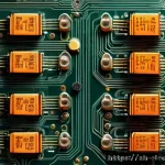 전기회로 분석법 - A highly detailed close-up illustration of various electronic components including resistors, capaci...