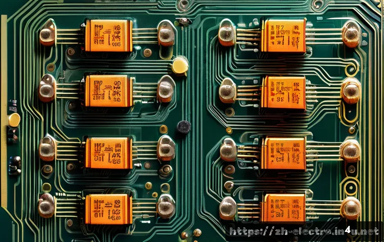 전기회로 분석법 - A highly detailed close-up illustration of various electronic components including resistors, capaci...