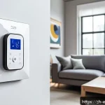 에너지 절약 기법 - A modern smart home living room scene showcasing energy-saving technology: a sleek smart socket plug...