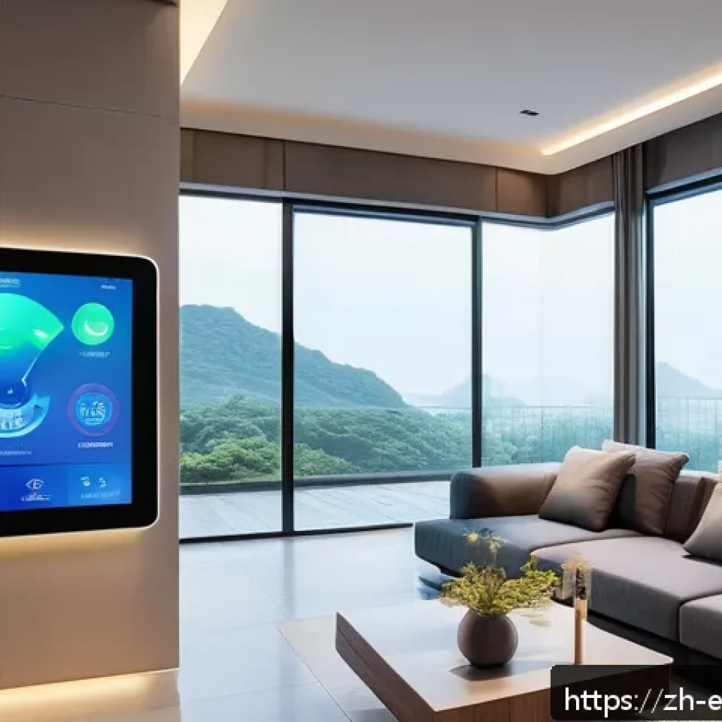 전력 변환 기술 - A futuristic smart home energy management system interior, featuring sleek digital control panels di...