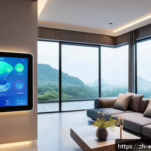 전력 변환 기술 - A futuristic smart home energy management system interior, featuring sleek digital control panels di...