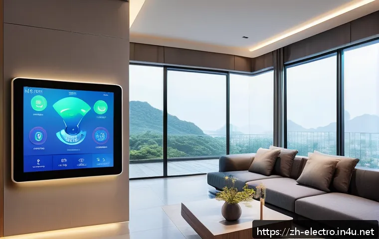 전력 변환 기술 - A futuristic smart home energy management system interior, featuring sleek digital control panels di...