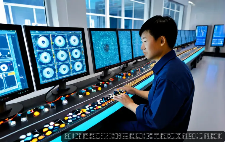자동 제어와 신경망 - Photorealistic modern industrial control room, an engineer monitoring a robotic assembly line throug...